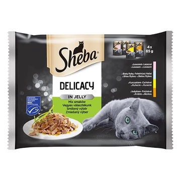Állateledel alutasakos SHEBA Delicacy macskáknak 4-pack vegyes lazac-hal-csirke-pulyka válogatás 4x85 g
