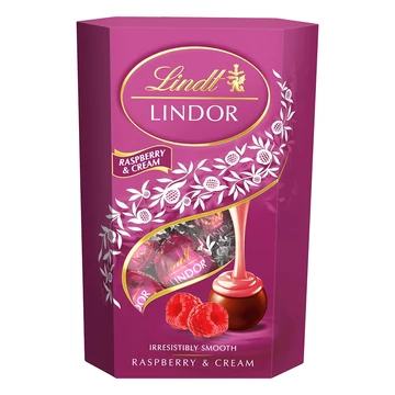 Csokoládé LINDT Lindor Raspberry&amp;cream tejcsokoládé golyók díszdobozban 200 g