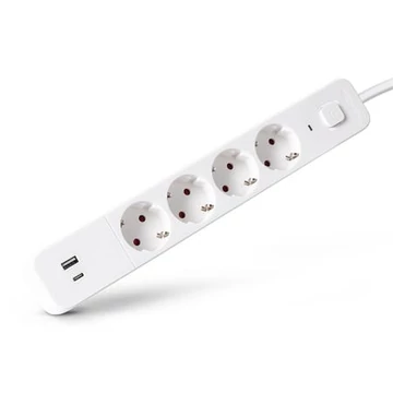 Elosztósor, 4 aljzat, 1,5 m, USB, kapcsolóval, ENTAC, fehér