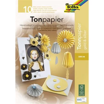 Színes papír tömb, A4, 130 g, 10 lap, FOLIA, arany-ezüst