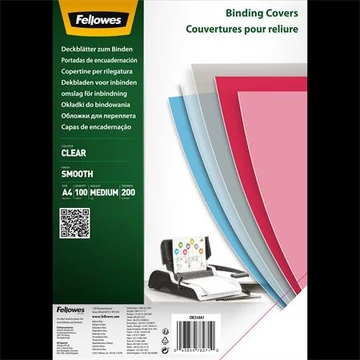Előlap, A4, 200mikron, PET, FELLOWES, víztiszta, 100db/cs