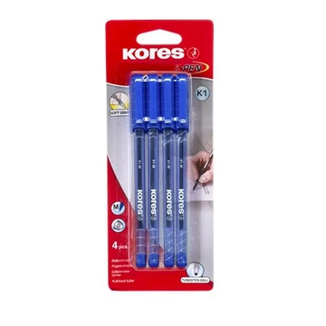 Golyóstoll, 1,0mm, kupakos, háromszögletű, KORES "K1-M", kék, 4db/bliszt