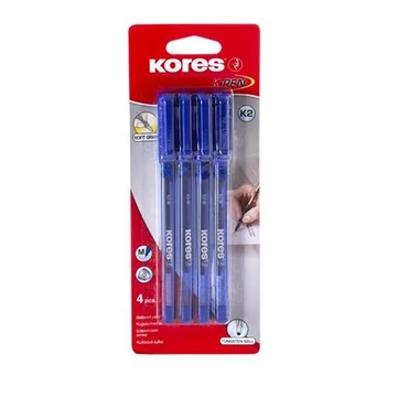 Golyóstoll, 1,0mm, kupakos, háromszögletű, KORES "K2-M", kék, 4db/bliszt