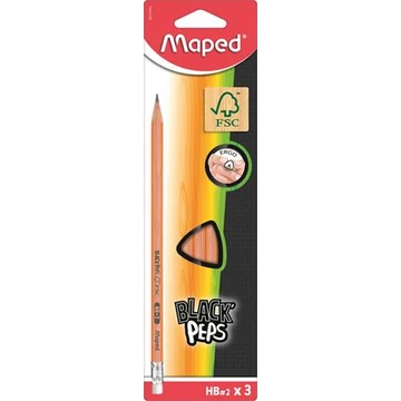 Grafitceruza radírral, HB, FSC 100%, háromszögletű, MAPED "Black`Peps", 3db/bliszt