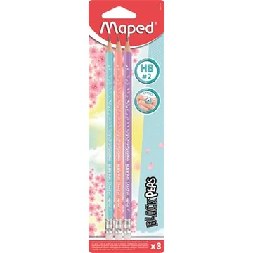 Grafitceruza radírral, HB, háromszögletű, MAPED "Black`Peps Pastel", vegyes pasztell színek, 3db/bliszt