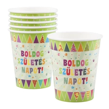 Pohár, papír, 2,5 dl, "Boldog születésnapot", zászlós, 6db/cs