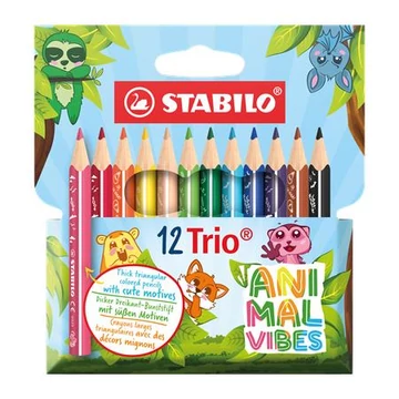 Színes ceruza készlet, háromszögletű, vastag, STABILO "Trio Thick Short Animal Vibes", 12 különböző szín