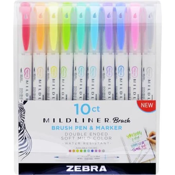 Ecsetirón készlet, 0,5/0,7 mm, kétvégű, ZEBRA "Mildliner Brush&amp;Marker", 10 különböző szín