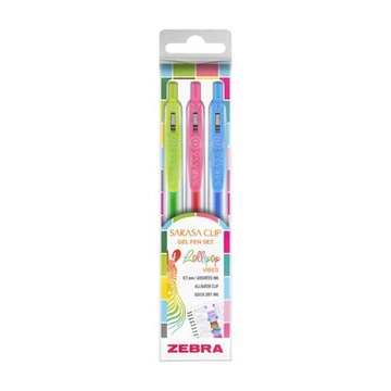 Zseléstoll készlet, 0,33 mm, nyomógombos, ZEBRA "Sarasa Clip Lollipop", 3 különböző szín