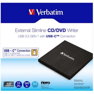 CD/DVD író, vékony, fém ház, USB 3.2 - USB-C, VERBATIM