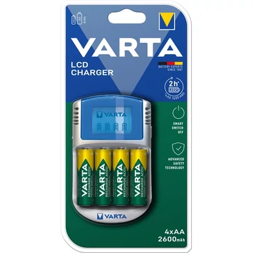 Elemtöltő, AA ceruza/AAA mikro, 4x2600 mAh AA, LCD kijelző, 12V USB, VARTA
