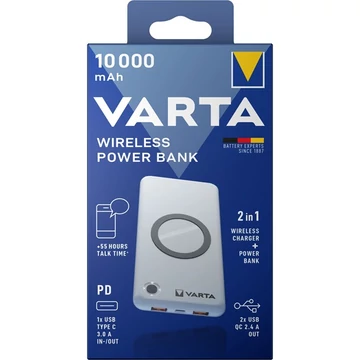 Vezeték nélküli PD/QC töltő, max. 18W, hordozható akkumulátor 10000mAh, VARTA