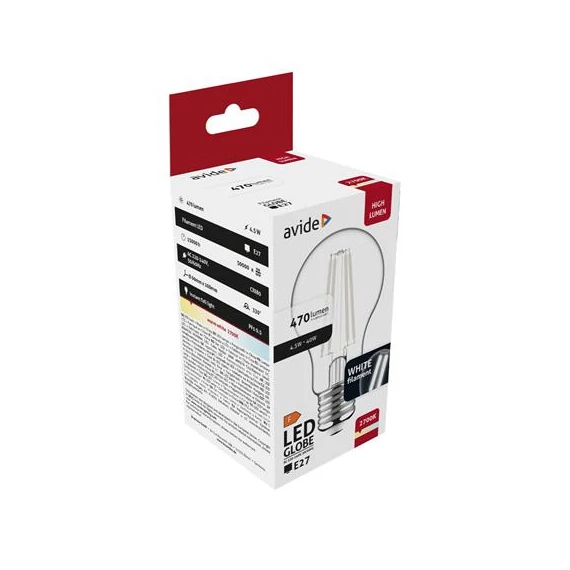 LED izzó, filament, E27, gömb, A60, 4,5W, 470lm, 2700K, AVIDE