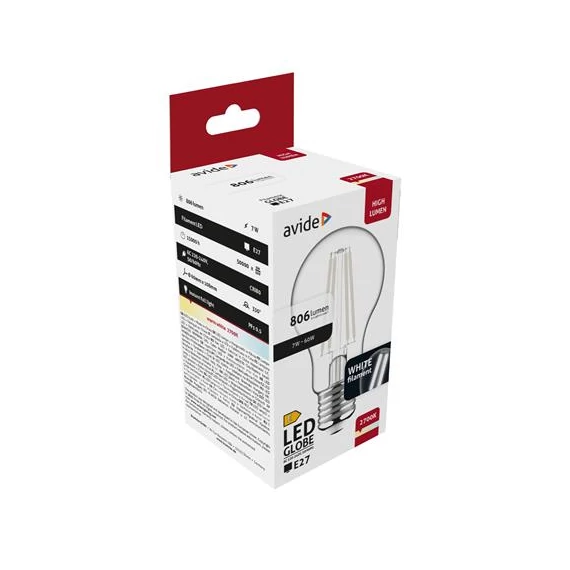 LED izzó, filament, E27, gömb, A60, 7W, 806lm, 2700K, AVIDE
