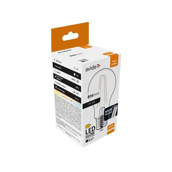 LED izzó, filament, E27, gömb, A60, 7W, 806lm, 4000K, AVIDE