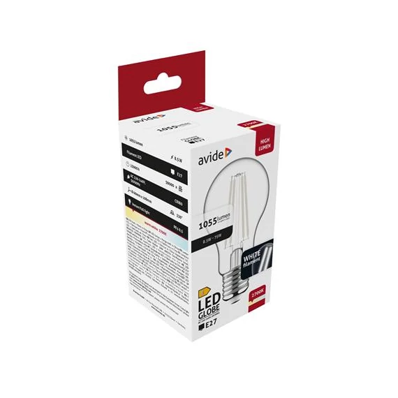 LED izzó, filament, E27, gömb, A60, 8,5W, 1055lm, 2700K, AVIDE