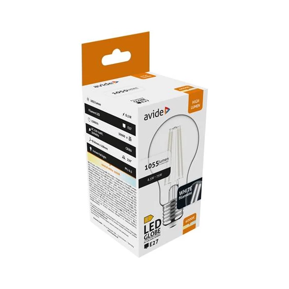 LED izzó, filament, E27, gömb, A60, 8,5W, 1055lm, 4000K, AVIDE