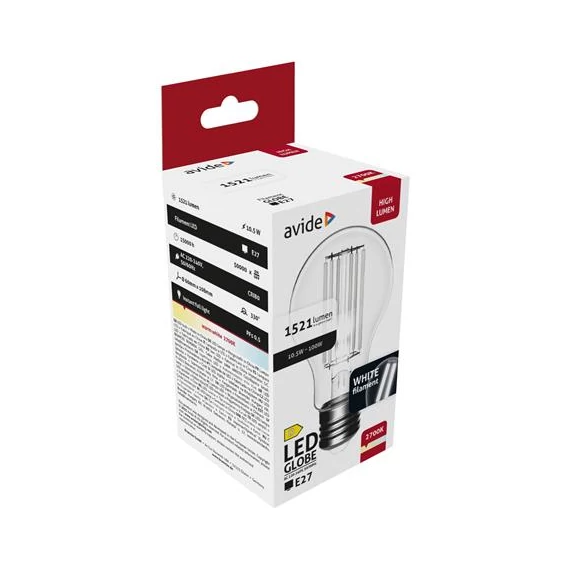 LED izzó, filament, E27, gömb, A60, 10,5W, 1521lm, 2700K, AVIDE
