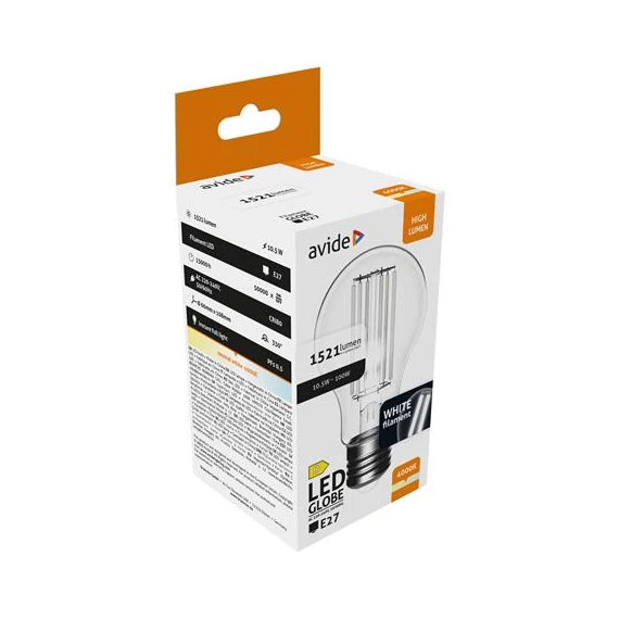 LED izzó, filament, E27, gömb, A60, 10,5W, 1521lm, 4000K, AVIDE