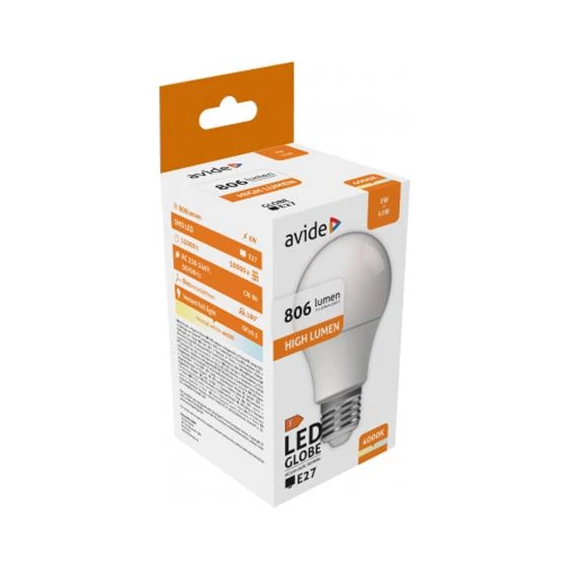 LED izzó, E27, gömb, A60, 8W, 806lm, 4000K, AVIDE