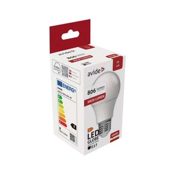 LED izzó, E27, gömb, A60, 8W, 806lm, 3000K, AVIDE