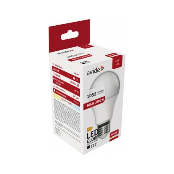 LED izzó, E27, gömb, A60, 9,5W, 1055lm, 3000K, AVIDE