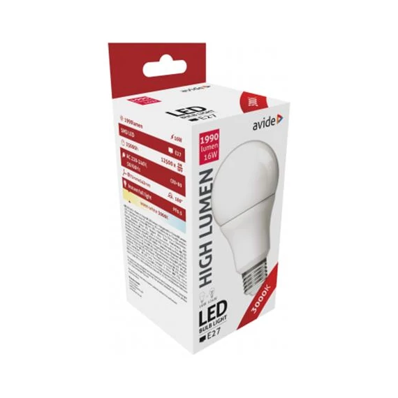 LED izzó, E27, gömb, A70, 16W, 1901lm, 3000K, AVIDE