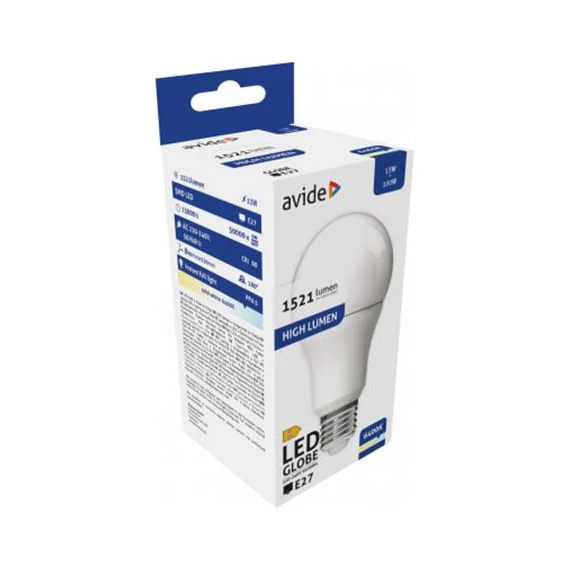 LED izzó, E27, gömb, A60, 13W, 1521lm, 6400K, AVIDE