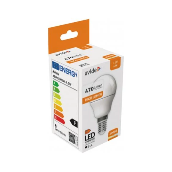 LED izzó, E14, kisgömb, G45, 4,5W, 470lm, 4000K, AVIDE