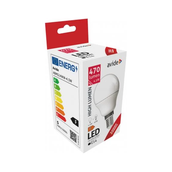 LED izzó, E14, kisgömb, G45, 4,5W, 470lm, 3000K, AVIDE