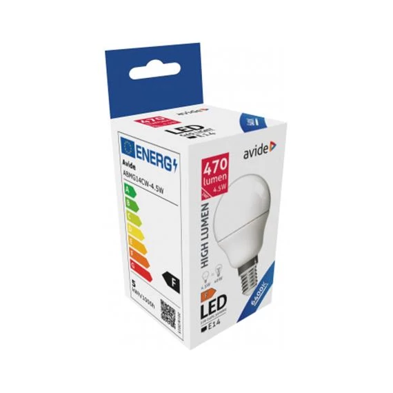 LED izzó, E14, kisgömb, G45, 4,5W, 470lm, 6400K, AVIDE