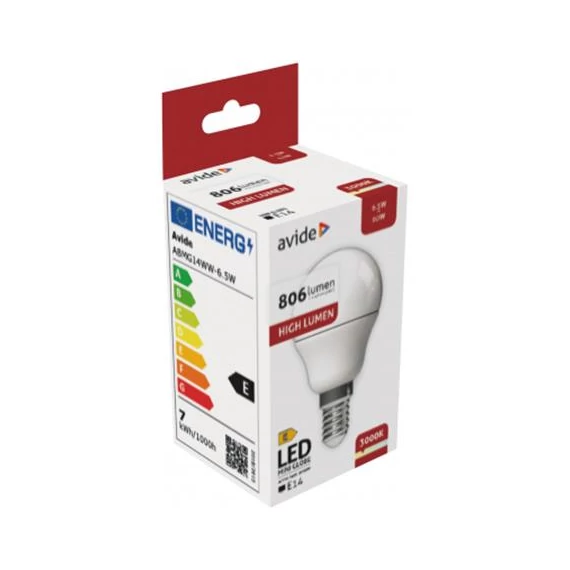 LED izzó, E14, kisgömb, G45, 6,5W, 806lm, 3000K, AVIDE