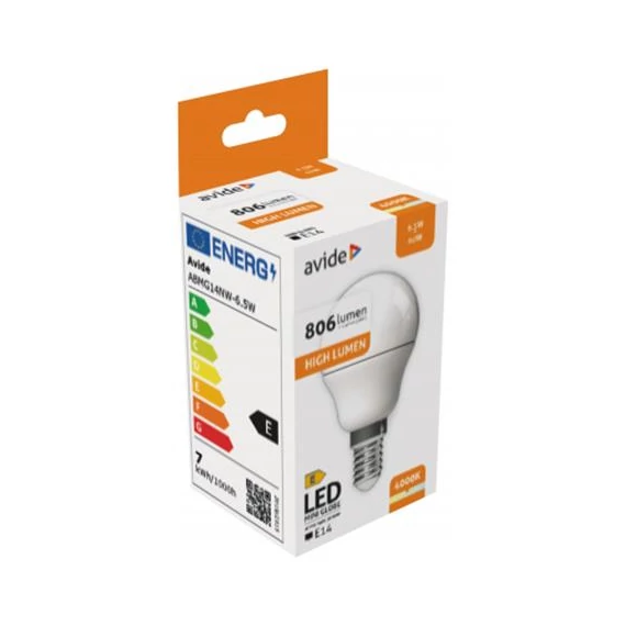 LED izzó, E14, kisgömb, G45, 6,5W, 806lm, 4000K, AVIDE