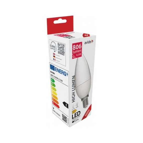 LED izzó, E14, gyertya, 6,5W, 806lm, 3000K, AVIDE