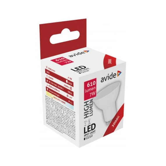 LED izzó, GU10 spot, 7W, 610lm, 3000K, AVIDE