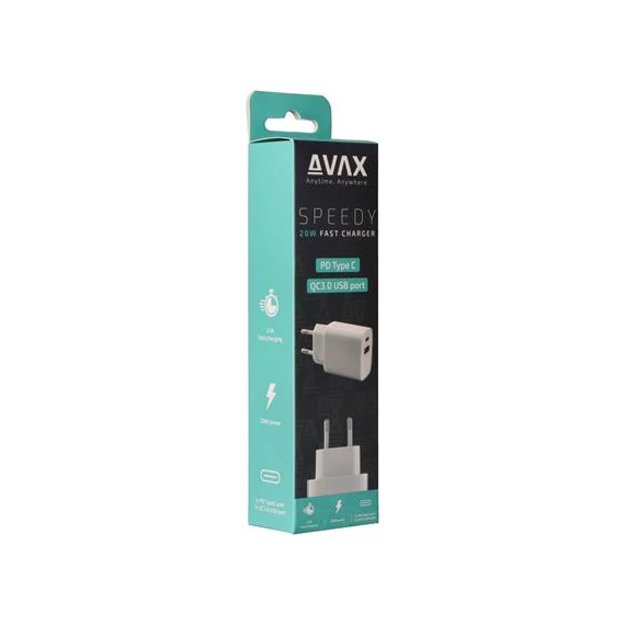 Hálózati töltő, USB-A + USB-C, 20W, AVAX 