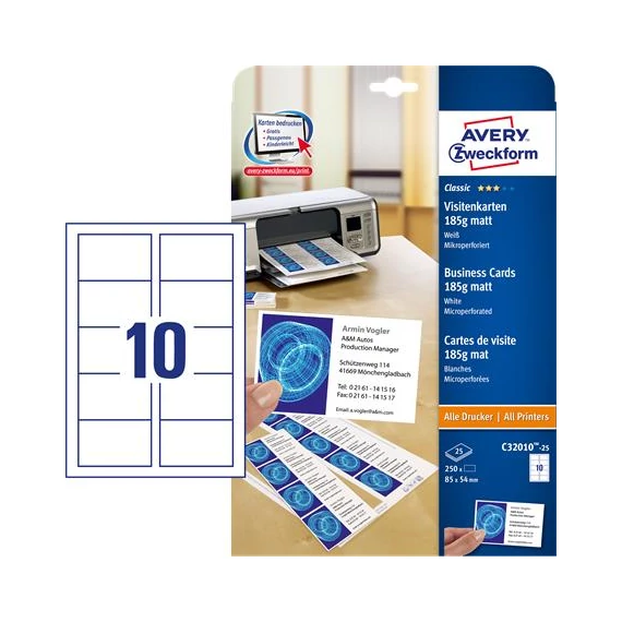 Névjegykártya, mikroperforált élekkel, kétoldalas 185g-os, 20 db, Avery matt fehér