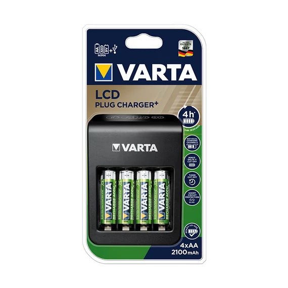 Elemtöltő, AA/AAA/9V, 4xAA 2100 mAh, LCD kijelző, VARTA 