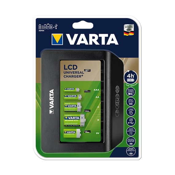 Elemtöltő, univerzális AA/AAA/C/D/9V, LCD kijelző, VARTA 