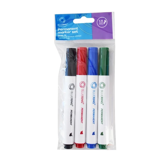 Permanent marker készlet, 1-4mm, vágott hegyű, hegyű 4-es készlet, Bluering®, 4 klf. szín