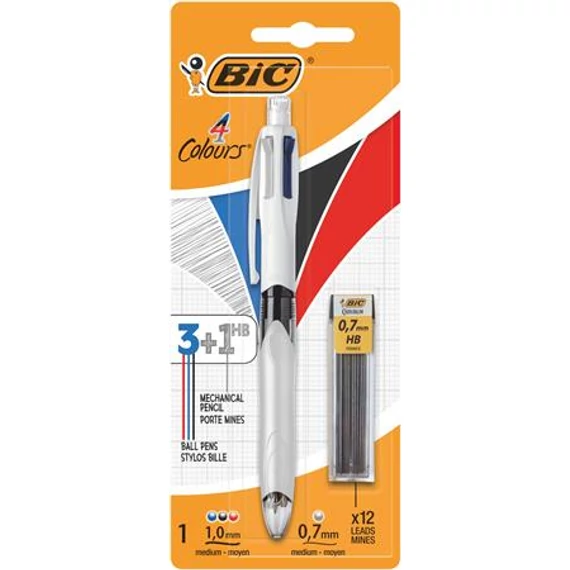 Golyóstoll, háromszínű, nyomósirónnal egyben, BIC "4 Colours" + grafitbél, 2db/bliszt