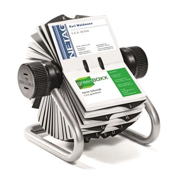 Névjegykártyatartó, fém, 400 db-os, forgatható, fekvő, DURABLE, 