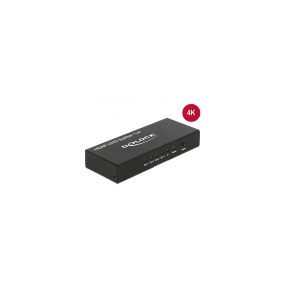 Delock HDMI Splitter - 18684 (Bemenet: HDMI-A, Kimenet: 4x HDMI-A, 3D, HDCP, Max.:3840x2160@60Hz, fém, fekete)
