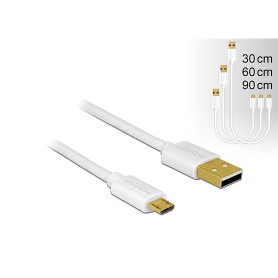 Delock Kábel - 83679 (USB2.0 - microUSB töltő és adat kábel készlet, 30/60/90cm, fehér)