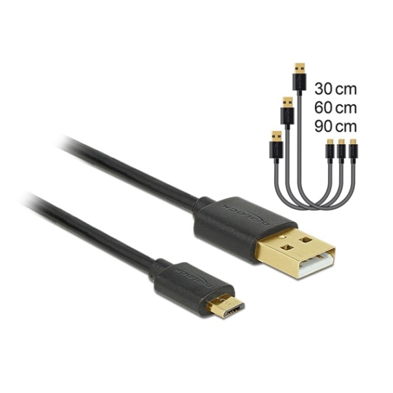 Delock Kábel - 83680 (USB2.0 - microUSB töltő és adat kábel készlet, 30/60/90cm, fekete)