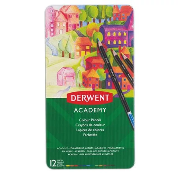 Színes ceruza készlet, fém doboz, DERWENT "Academy", 12 különböző szín