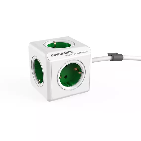 Elosztó, 5 aljzat, 1 rögzítő elem, 1,5 m kábelhosszúság, ALLOCACOC "PowerCube Extended DE", fehér-zöld