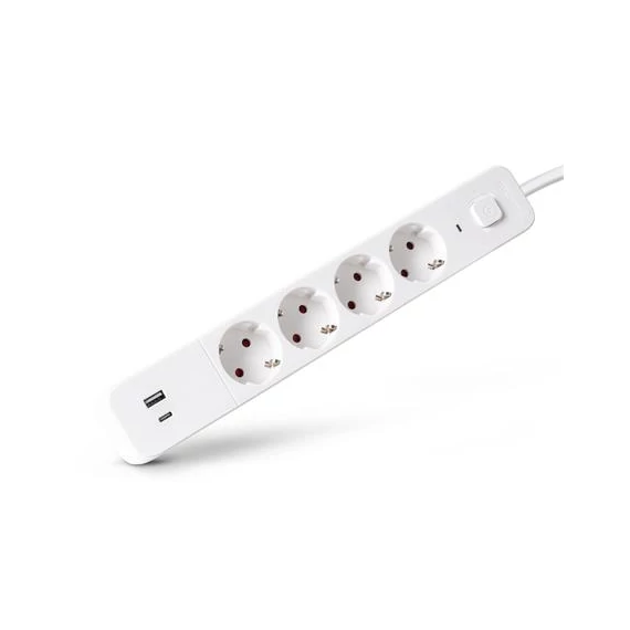 Elosztósor, 4 aljzat, 1,5 m, USB, kapcsolóval, ENTAC, fehér