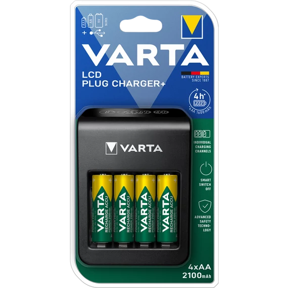 Elemtöltő, AA/AAA/9V, 4xAA 2100 mAh, LCD kijelző, VARTA "Plug"