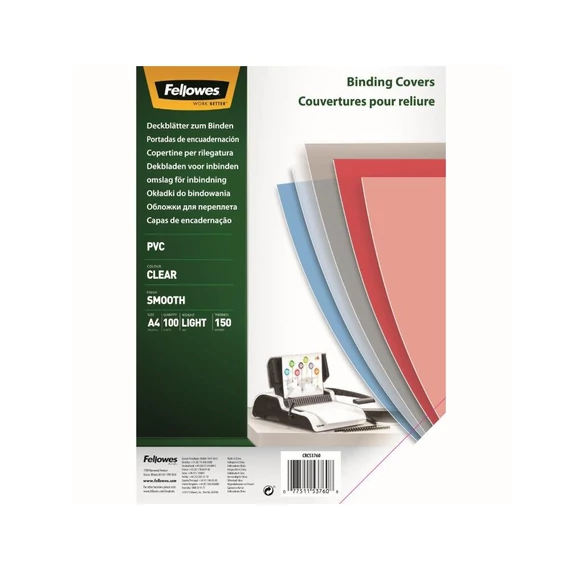 Előlap, A4, 150mikron, FELLOWES, víztiszta, 100db/cs